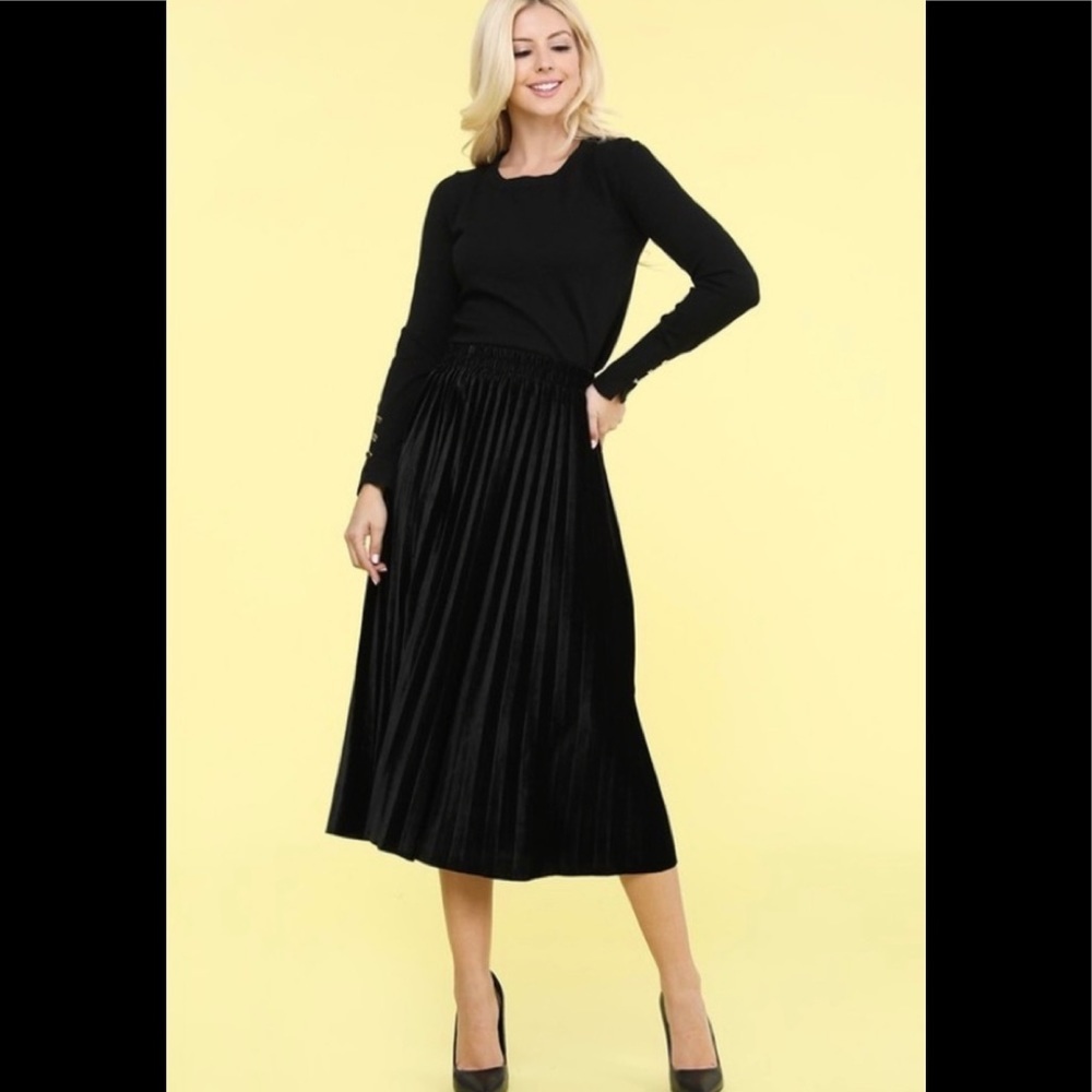 Black velvet pleated skirt with elastic waist band.